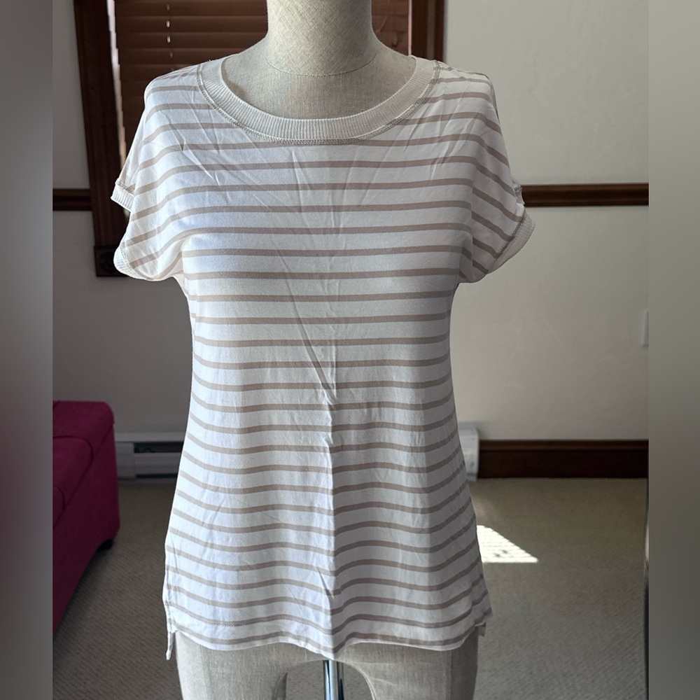 White House Black Market Beige and White Striped Tee